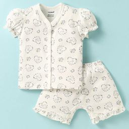 CUCUMBER Sinker Knit Puffed Sleeves Shorts Co-ords Night Suit with Duck Print - White-image-88