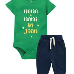 Zeezeezoo 100% Cotton Half Sleeves Nana Nani Ki Jaan Text Printed Onesie With Joggers Set - Green & Navy Blue-picture-42