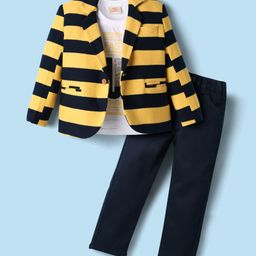 Rikidoos Full Sleeves Striped Blazer With Typography Printed Tee & Pant Set - Yellow & Navy Blue-image-70