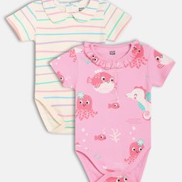 MINI KLUB Cotton Knit Pack Of 2 Half Sleeves Striped & Sea Life Printed Onesies - Pink & White-image-9