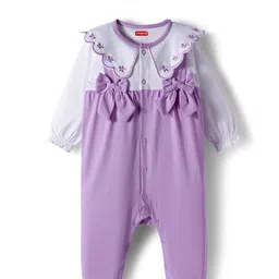 Babyhug 100% Cotton Interlock Knit Full Sleeves Front Open Romper with Frill Detailing Floral Embroidery & Bow Applique & Hairband - Purple-picture-12