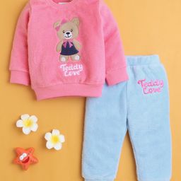 BUMZEE Cotton Blend Full Sleeves Bear Embroidery Sweatshirt & Jogger Set - Pink & Sky Blue-picture-18
