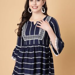 God Bless Women Printed Bell Sleeve Indigo Peplum Top-image-99