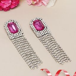 StyleCast Silver-Plated Artificial Stones Studded Tasselled Contemporary Drop Earrings-image-67