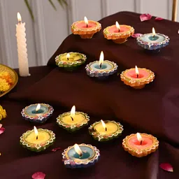 Aura Blue & Green 12 Pieces Printed Terracotta Leaf Wax Diyas-picture-12