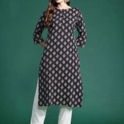 Indo Era Black Cotton Printed Straight Kurta-image-48