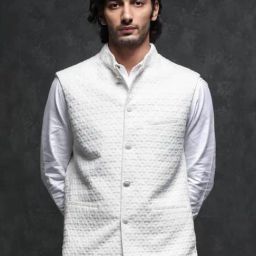 Rare Rabbit Off White Tailored Fit Jacquard Bandhgala-image-60
