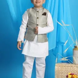 VASTRAMAY Boys Grey & White Self Full Sleeves Kurta Sets-image-35