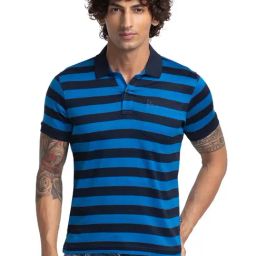 Parx Blue Pure Cotton Regular Fit Striped Polo T-Shirt-image-67