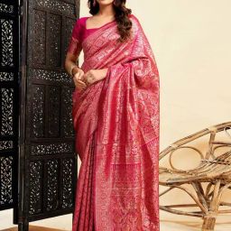 Satrani Rani Pink & Golden Woven Saree With Unstitched Blouse-picture-29