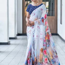 Satrani White Floral Print Saree With Unstitched Blouse-image-41