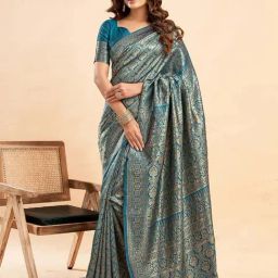 Satrani Rama Blue & Golden Woven Saree With Unstitched Blouse-image-32