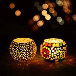 eCraftIndia Set of 2 Mosiac Glass Decorative Tea Light Holder/Diya-3