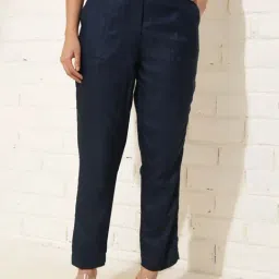 Fabindia Navy Viscose Silk Woven Slim Fit Casual Pant-image-96