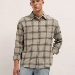 The Bear House Beige Cotton Relaxed Fit Checks Overshirt-image-89