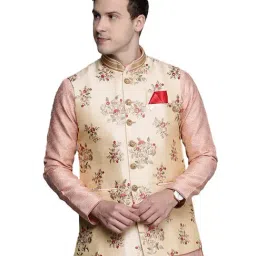 Manyavar Beige Floral Print Nehru Jacket-image-16
