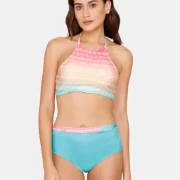 Coucou by Zivame Blue & Peach Printed Bikini Set-image-65