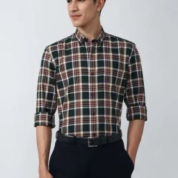 Peter England Elite Green Cotton Slim Fit Checks Shirts-image-7