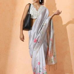 Jaipur Kurti Grey Floral Print Saree with Unstitched Blouse-image-16