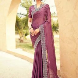 Satrani Mauve Embroidered Saree With Unstitched Blouse-picture-4