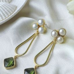 Johori Green & Pearl White Dangler Earrings image 3