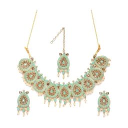 Zaveri Pearls Enamelling Mint Green Traditional Necklace Earring & Maangtikka Set-ZPFK9792-image-34