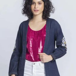 SHAYE Blue Cotton Embroidered Shrug-image-84