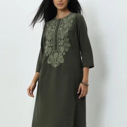 Utsa by Westside Olive Floral Embroidered A-Line Cotton Kurta-image-5