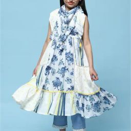 BIBA Girls White & Blue Floral Print Kurta, Pants, with Dupatta-image-87