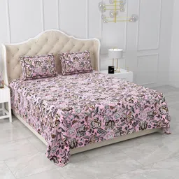 Qfab Pink Floral 250 TC King Bedsheet with 2 Pillow Covers-picture-42