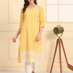 Aurelia Yellow Cotton Regular Fit Embroidered Kurta-image-25