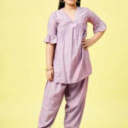 StyloBug Girls Purple Printed Kurti Set-image-32
