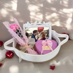 Art Street Valentine Heart Box With Pink Roses & Photo Frame In Basket Gift Set-image-87