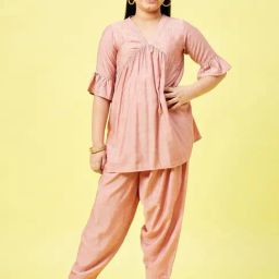 StyloBug Girls Peach Printed Kurti Set-image-66