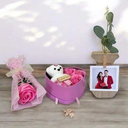 Art Street Heart Shape Box With Pink Roses, Teddy & Artificial Plant Vase Gift Set-20