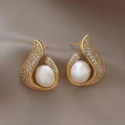 VAGHBHATT Gold-Plated Pearls Beaded and Crystals Studded Teardrop Shaped Studs-13