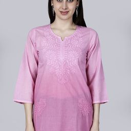 NAZAQAT ETHNIC INDIA Floral Embroidered Notch Neck Chikankari Cotton Straight Short Kurta-picture-40