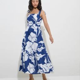 LOV by Westside Indigo Floral Design Cotton A-Line Dress-image-56