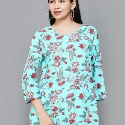 Melange by Lifestyle Aqua Blue Floral Print A Line Kurti-picture-14