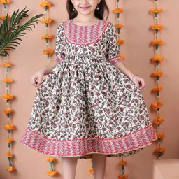 Neudis Girls Brown & Maroon Cotton Floral Dress-image-26
