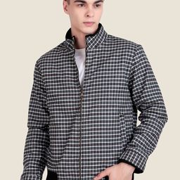 Leather Retail Checked Stand Collar Woollen Lightweight Tailored Jacket-image-28