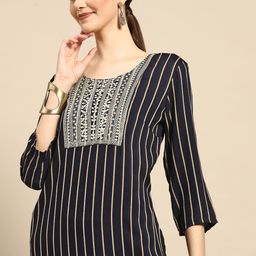 Anouk Women Navy Blue Floral Yoke Design Kurta-image-60