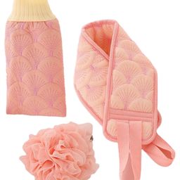 SYGA Sponge Bath Towel Pull Back Strap and Flower Bath Gloves Pack of 3 - Pink-23