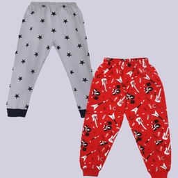 Kiwi 100% Cotton Pack of 2 Musical Instruments & Stars Printed Ribbed Bottom Track Pants  - Red & Grey-image-88