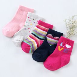Cutewalk By Babyhug Anti Bacterial Ankle Length Non Terry Socks Heart Design Pack of 5 - Multicolour-image-69