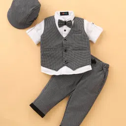 Robo Fry Full Sleeves Party Suit With Bow & Cap Checkered - Grey-picture-2