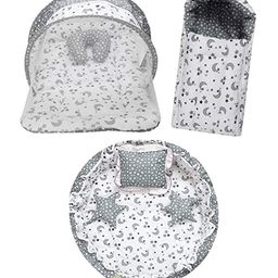 Fareto Combo of 4 Pcs Bedding Set Baby Nest Net with Bed Carry Bag Moon Print - Grey-13