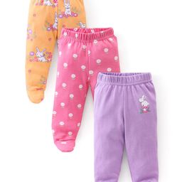 Babyhug Interlock Booties Pant Striped & Bunny Print Pack of 3 - Pink & Yellow-image-1