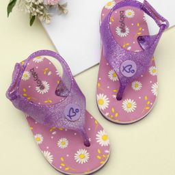 Babyoye Slip On Flip Flops with Back Strap Velcro Closure & Floral Print - Purple-image-44