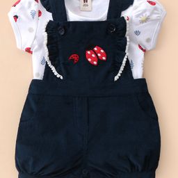 ToffyHouse Cotton Knit Puff Sleeves T-Shirt & Dungaree Set With Bugs Embroidery - Navy & White-image-19